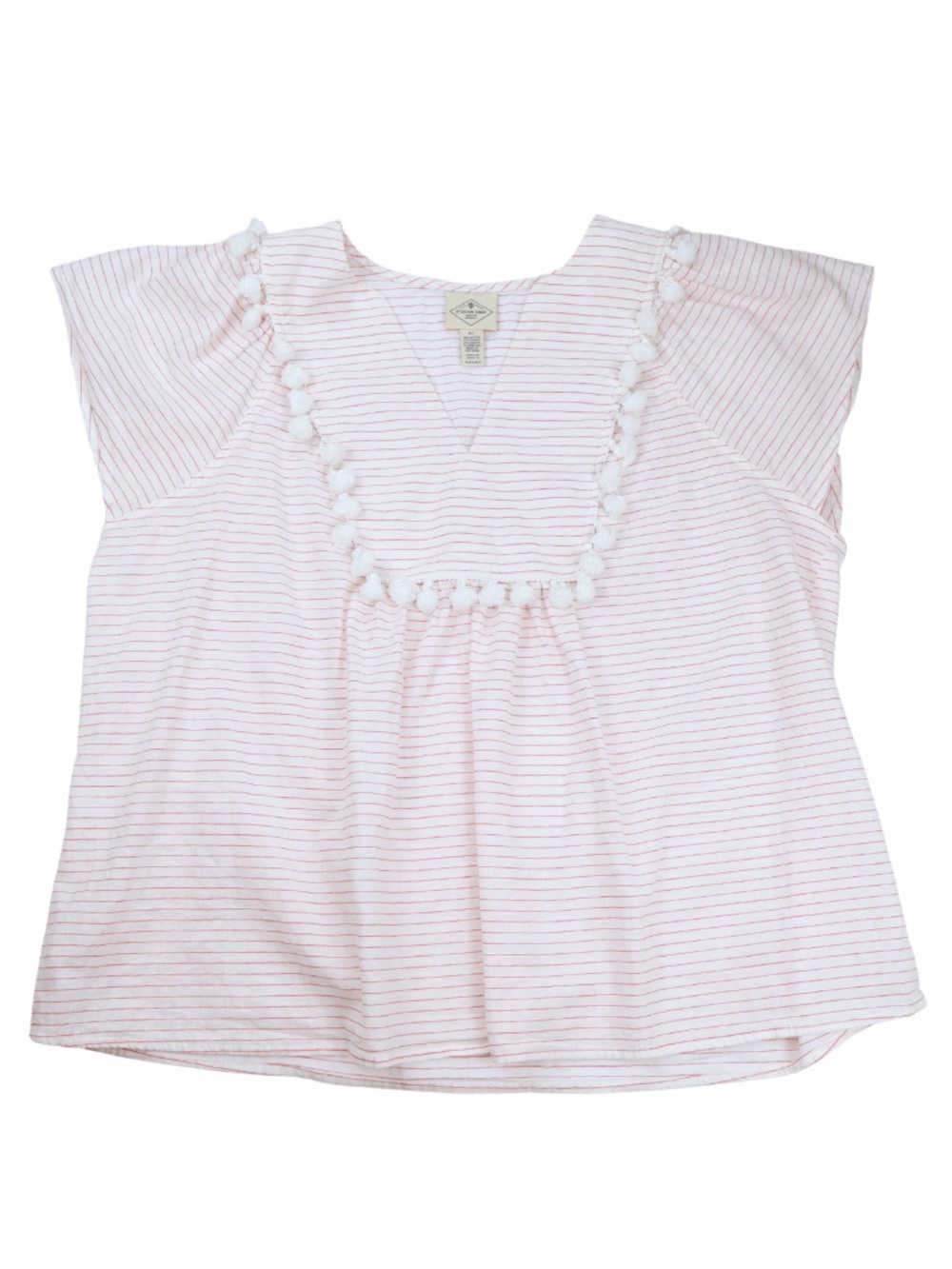 St John’s Bay White Red Stripe Pom Trim Blouse XL Coastal Boho